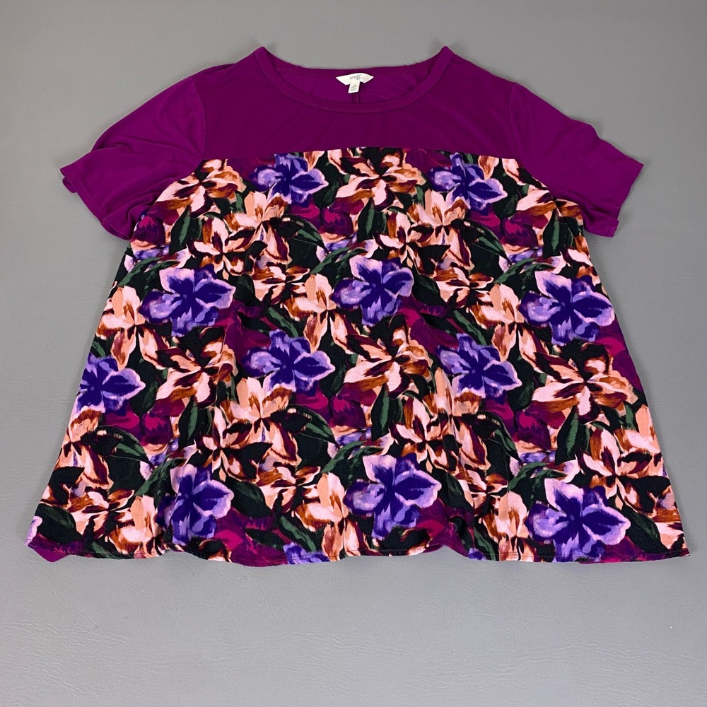 Terra & Sky Tunic Top Womens Plus Size 2X Purple Floral Mixed Media Short Sleeve